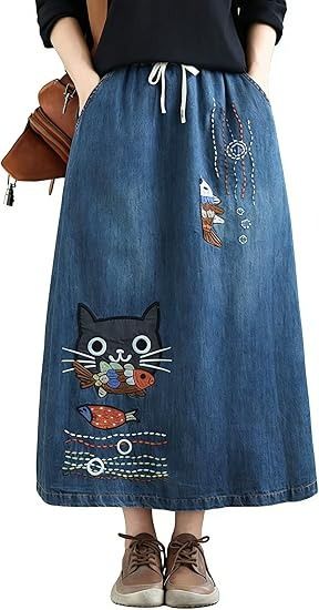 Denim Skirt With Cat And Fish Embroidery image 1